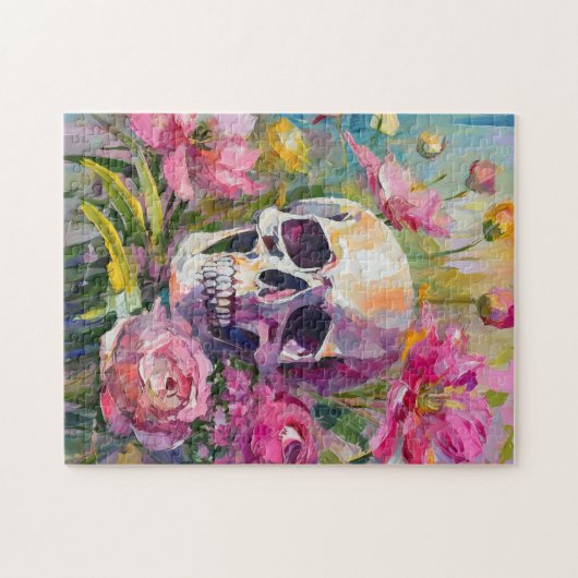 Modern Art Still Life Abstracte schedel en bloemen Legpuzzel (Horizontaal)
