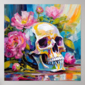 Modern Art Still Life Abstracte schedel en bloemen Poster (Voorkant)