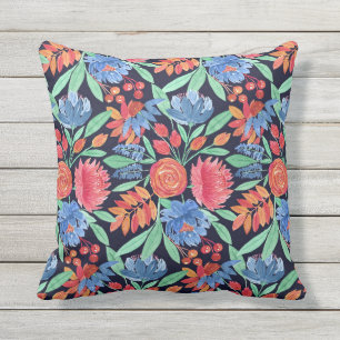 Modern Artsy Coral Blue Floral Waterverf Patroon Buitenkussen
