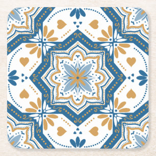 Modern Azulejo blauw geel Portugees patroon Vierkante Kartonnen Onderzetter