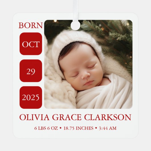 Modern Baby Birth Stats Photo Christmas Ornament (Voorkant)