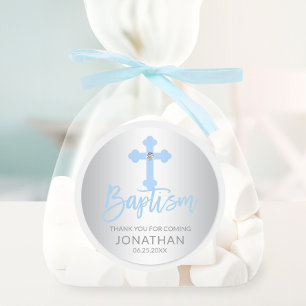 Modern Baby Blauw Kruis Doop Jongen Dank u Ronde Sticker