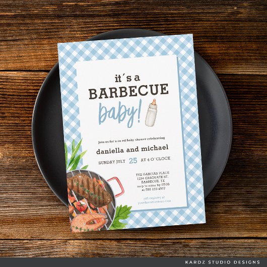 Modern Baby Blue Gingham Barbecue Baby shower Kaart