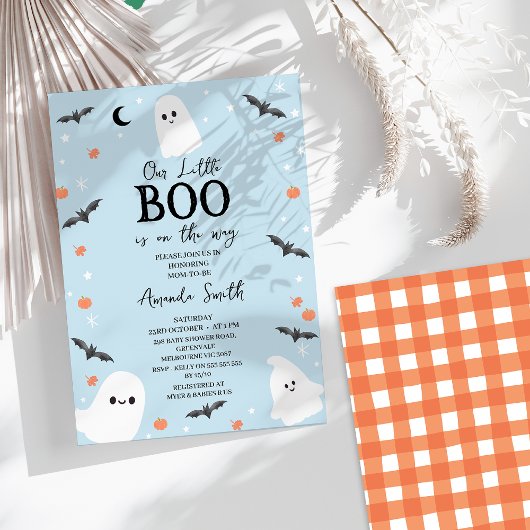 Modern Baby Blue Halloween Little Boo Baby shower Kaart