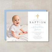 Modern Baby Blue Script Cross Boy Fotodoop Kaart