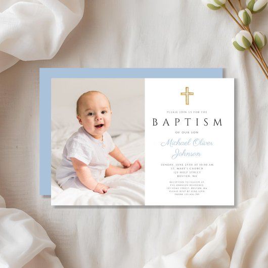Modern Baby Blue Script Cross Boy Fotodoop Kaart