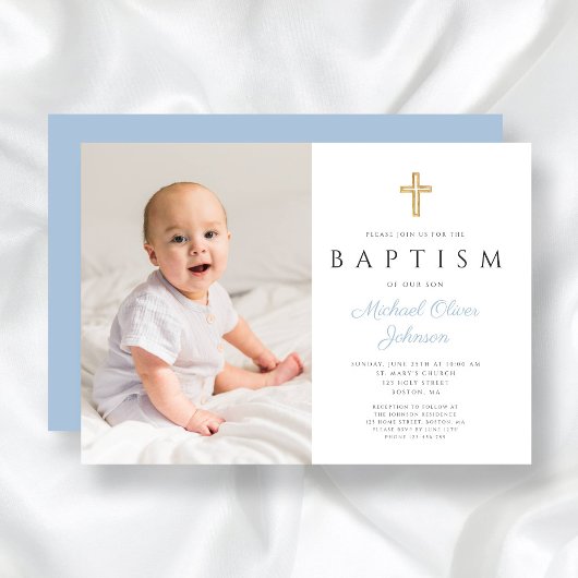 Modern Baby Blue Script Cross Boy Fotodoop Kaart