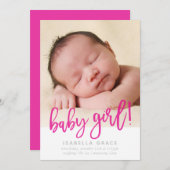 MODERN BABY FOTO eenvoudig meisje roze script schr Aankondiging (Voorkant / Achterkant)