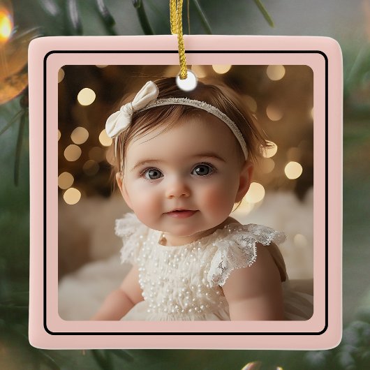 Modern Baby Meisje Foto Kerst Roze Script Naam Keramisch Ornament