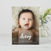 Modern Baby Name Brush script custom photo birth Kaart (Staand voorkant)
