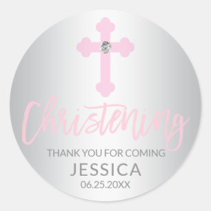 Modern Baby Pink Cross doopmeisje dank u Ronde Sticker