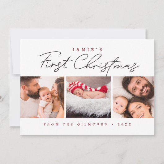 Modern Baby’s First Christmas 3 Photos Red white Feestdagenkaart (Voorkant)
