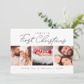 Modern Baby’s First Christmas 3 Photos Red white Feestdagenkaart (Staand voorkant)