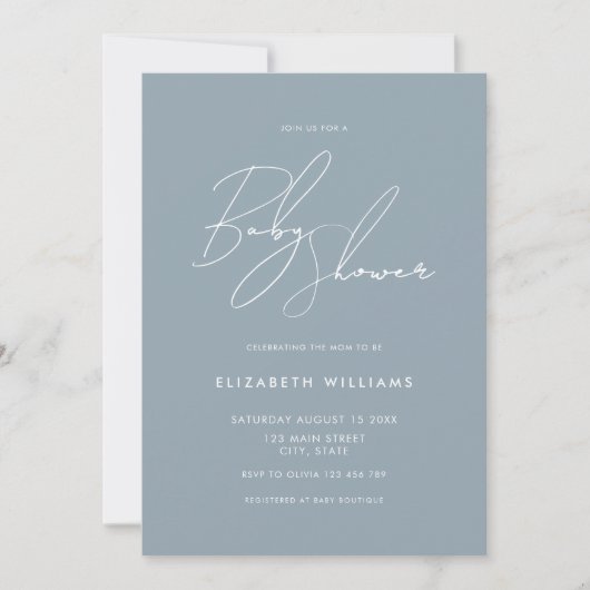 Modern Baby shower Stusty Blue Minimalist Script Kaart (Voorkant)
