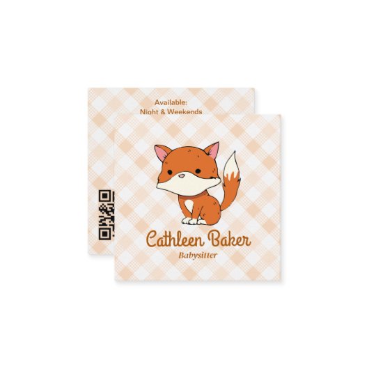 Modern babysitten bedrijf | Fox Gingham Pattern Vierkante Visitekaartje (Voorkant / Achterkant in situ)