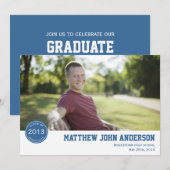 Modern Badge Photo Afstuderen Invitation - Blue Kaart (Voorkant / Achterkant)