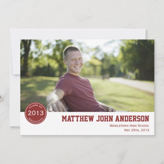 Modern Badge Photo Afstuderen Invitation - Rood Kaart (Voorkant)