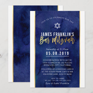 MODERN BAR MITZVAH blauw waterverf gouden schrift Kaart