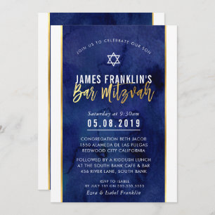 MODERN BAR MITZVAH Blue waterverf gold write Kaart