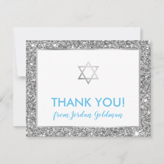 MODERN BAR MITZVAH dank u koele zilveren glitter Bedankkaart (Voorkant)