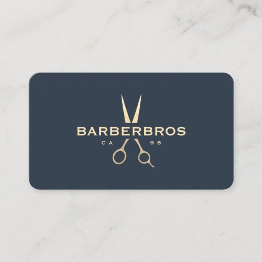 Modern Barber Gold Schaar Barbershop Donkerblauw Visitekaartje (Voorkant)