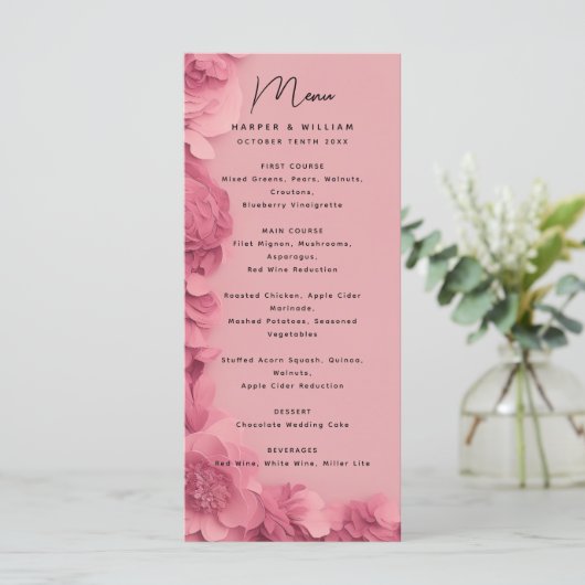 Modern barbie geïnspireerd roze bloemenbruiloft me menu (Staand voorkant)