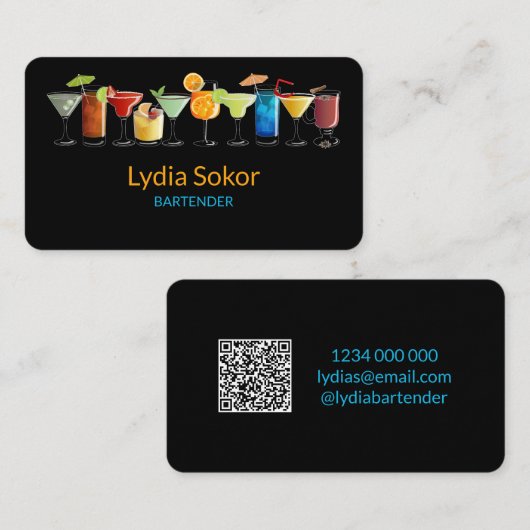 Modern Bartender Black QR Contact Kaart Visitekaartje (Voorkant / Achterkant)