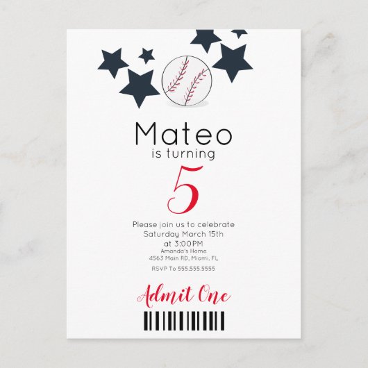 Modern Baseball Pattern Ticket Style Party Briefkaart (Voorkant)