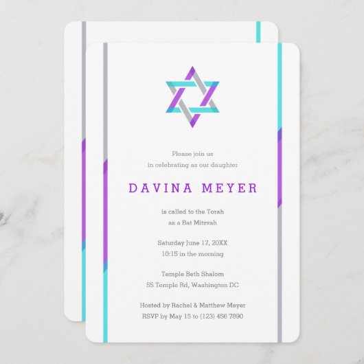 Modern Bat Mitzvah Invitations | PAARS + BLAUWGROE Kaart (Voorkant / Achterkant)