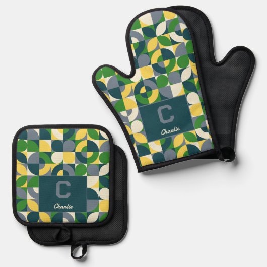 Modern Bauhaus Abstract Geometric Monogram Pattern Ovenwant & Pannenlap Set (Voorkant / Achterkant)