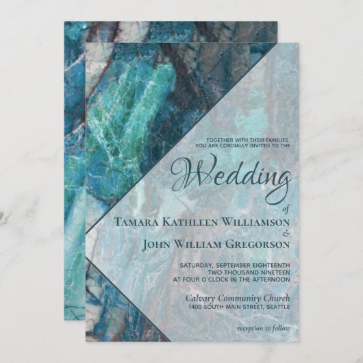 Modern Beach Blauwgroen marmer Geometric Wedding Kaart (Voorkant / Achterkant)