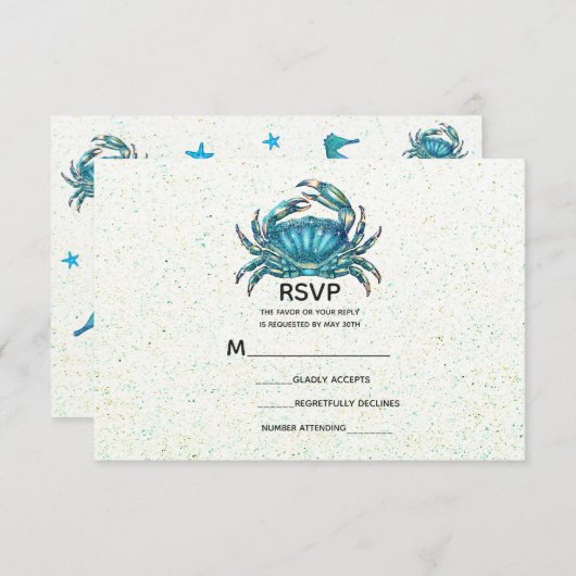 Modern Beach Blue Crab Starfish Weddenschap RSVP (Voorkant / Achterkant)