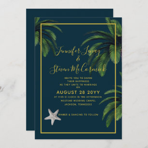 Modern Beach Navy Blue Gold Palm Tree Wedding Kaart