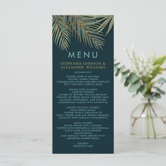 Modern Beach Palm Gold Blauwgroen Tropische bruilo Menu (Staand voorkant)