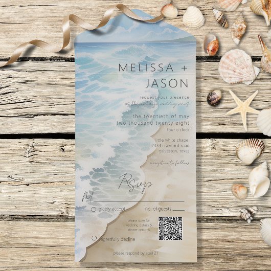 Modern Beach Shoreline Coastal QR Code All In One Uitnodiging