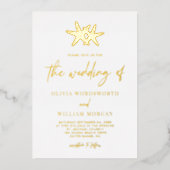 Modern Beach Starfish Coastal Script Weddenschap Folie Uitnodiging (Voorkant)