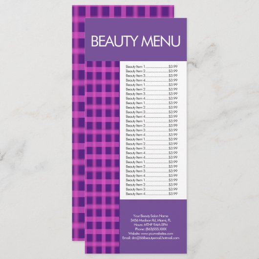 Modern Beauty Make-up Paarse Roze Gingham Menu (Voorkant / Achterkant)