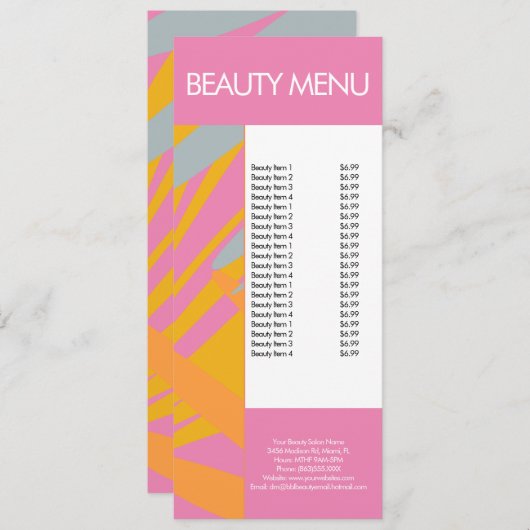 Modern Beauty Makeup Tropical Pattern Pink Menu (Voorkant / Achterkant)