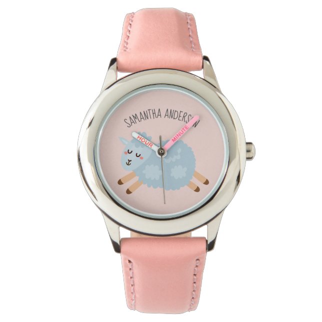 Modern Beauty Pastel Roze Schaap en Kind Naam Horloge (Voorkant)