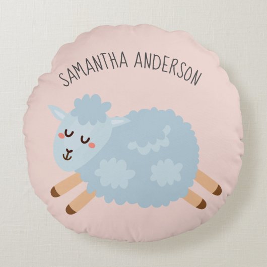 Modern Beauty Pastel Roze Schaap en Kind Naam Rond Kussen (Voorkant)