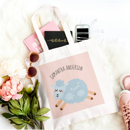 Modern Beauty Pastel Roze Schaap en Kind Naam Tote Bag
