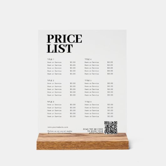 Modern Beauty Prijs Lijst Menu Small Business Acryl Bord (Voorkant)