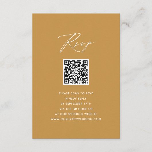 Modern Beige Elegant Script QR Bruiloft RSVP Informatiekaartje (Voorkant)