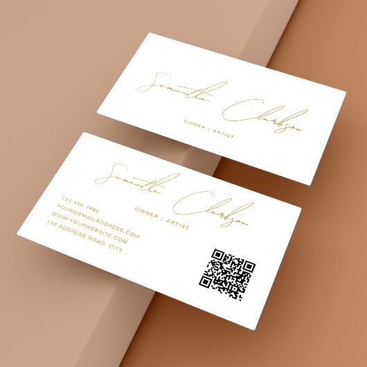 Modern Beige Goud Handgeschreven Script QR code Visitekaartje