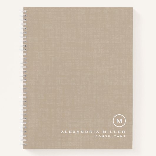 Modern Beige Linen Minimal Monogram Notitieboek (Voorkant)