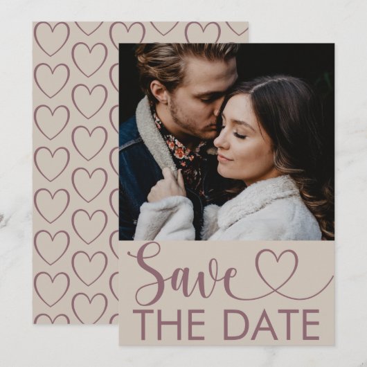 Modern Beige & Maroon Foto & Hart Save the Date (Voorkant / Achterkant)
