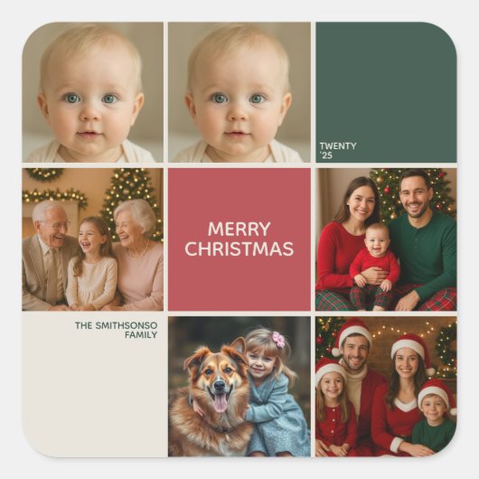 Modern beige Sage RED collage merry Christmas Vierkante Sticker (Voorkant)