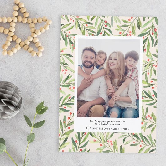 Modern Berry Greenery kerstfoto Cream Feestdagenkaart