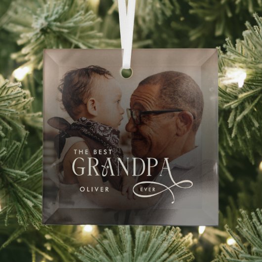 Modern Best GrandPa Ever Photo Personalized Glas Ornament (Insitu)