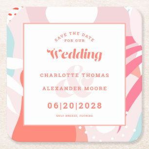 Modern Bewaar de datum Huwelijkspatroon Koraal Bla Vierkante Kartonnen Onderzetter